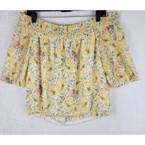 Cottagecore Sz L Crop Top Off Shoulder Yellow Floral Elastic Waist Short Sleeve
